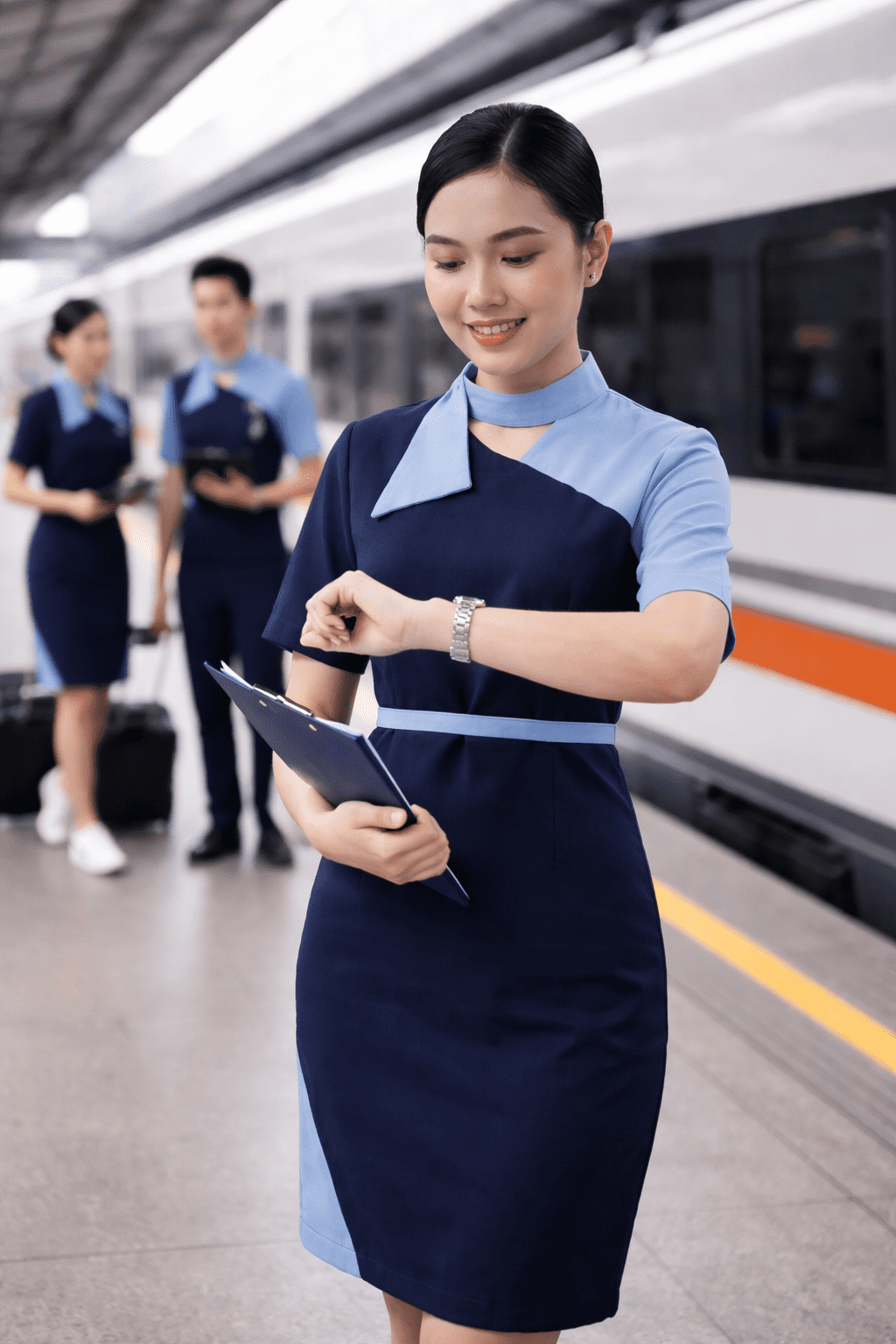 pramugari sedang menunjukkan Skill Wajib Pramugari Kereta Api yang Harus Dikuasai